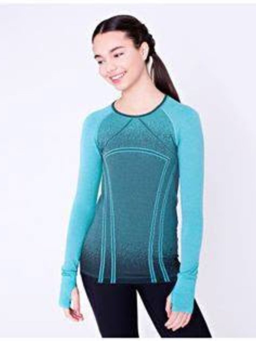 Ivivva Girl by Lululemon 🍋 Fly Tech long sleeve teal black fit thumbholes - Picture 2 of 10